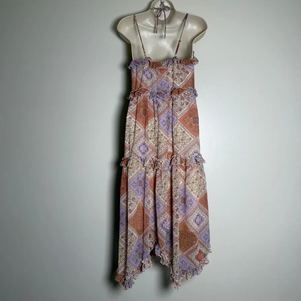 June & Hudson Boho Paisley Patchwork Ruffle Midi Dress Purple Orange Small - Picture 4 of 9
